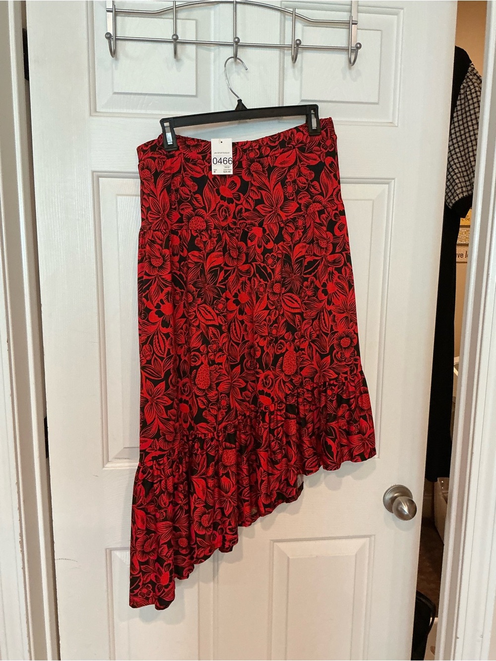 Cato Red and Black Asymmetrical Floral Ruffle Skirt